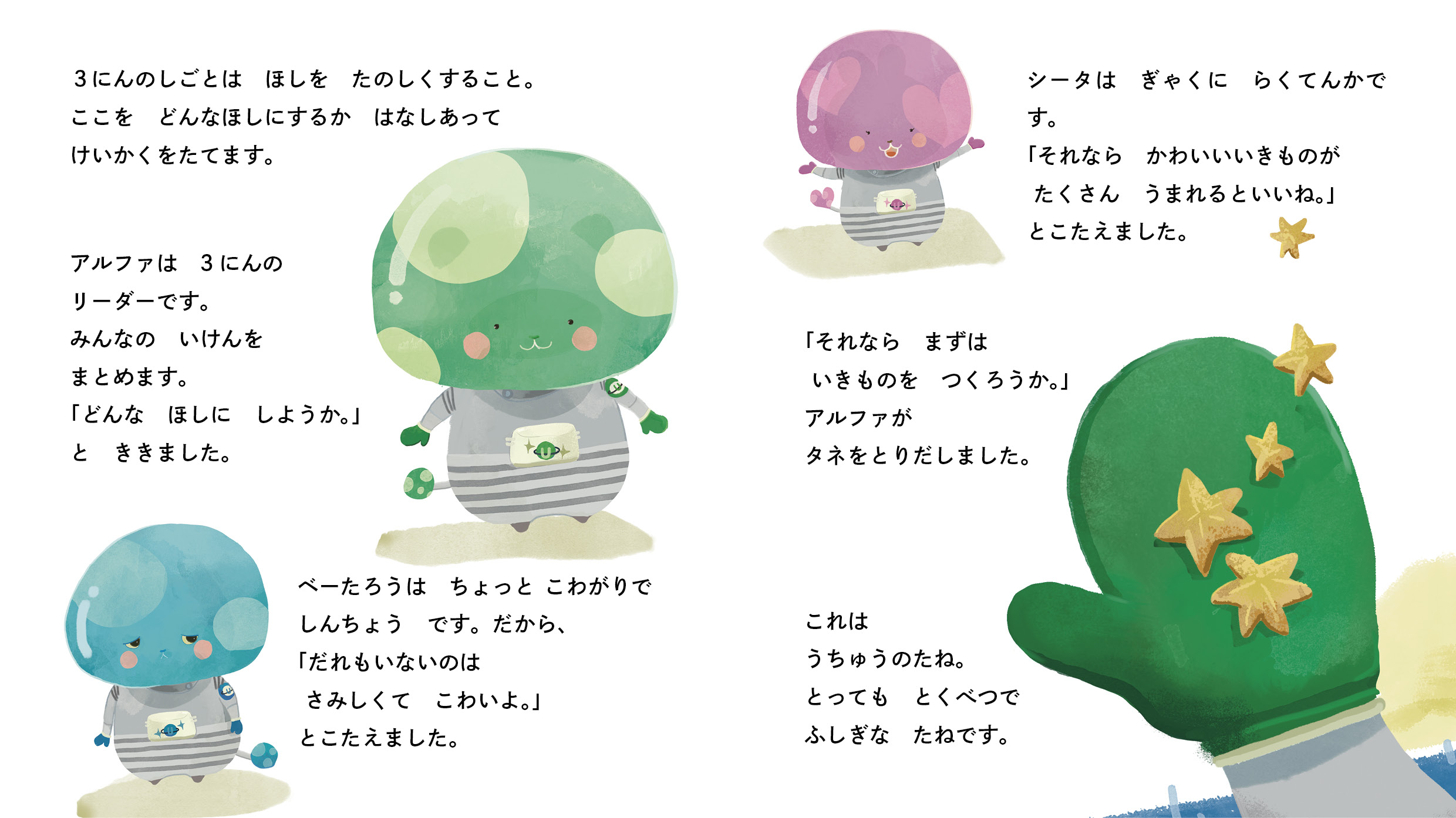 ３にんのしごとは　ほしを　たのしくすること。##BR##ここを　どんなほしにするか　はなしあって　けいかくをたてます。##BR##アルファは　3にんの　リーダーです。「どんな　ほしに　しようか。」とききました。##BR##ベーたろうは　ちょっとこわがりで　しんちょう　です。だから、「だれもいないのは　　さみしくて　こわいよ。」とこたえました。##BR##シータは　ぎゃくに　らくてんかです。「それなら　かわいい　いきものが　たくさんうまれるといいね。」とこたえました。##BR##「それなら　まずは　いきものを　つくろうか。」##BR##アルファが　タネをとりだしました。##BR##これは　うちゅうのたね。　とっても　とくべつで　ふしぎな　たねです。